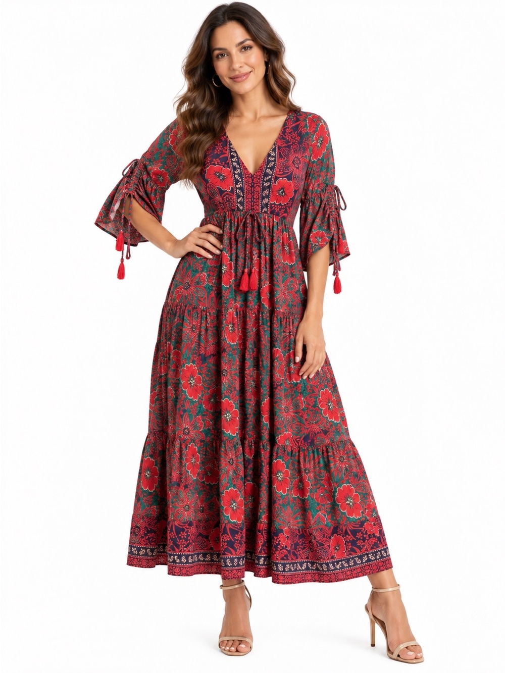 LA FIORENTINA Ben & Lisa Quarter Sleeve Floral Maxi Dress Red Green Large NWT